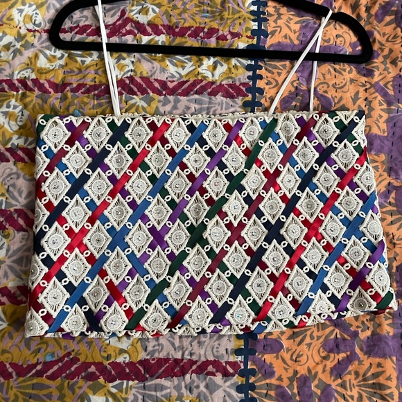 Vintage Embroidered Multicolor Ribbon Spaghetti Straps Sparkly Crop Top - Picture 4 of 7